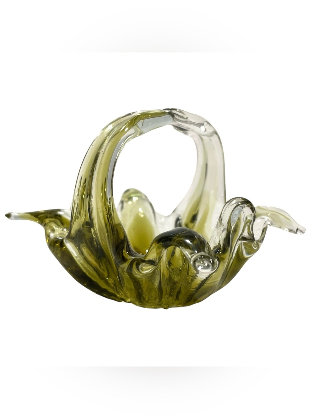 Vintage 1960s Chalet Mini Green Floral Basket Art Glass Vase - Canadian Hand Blo